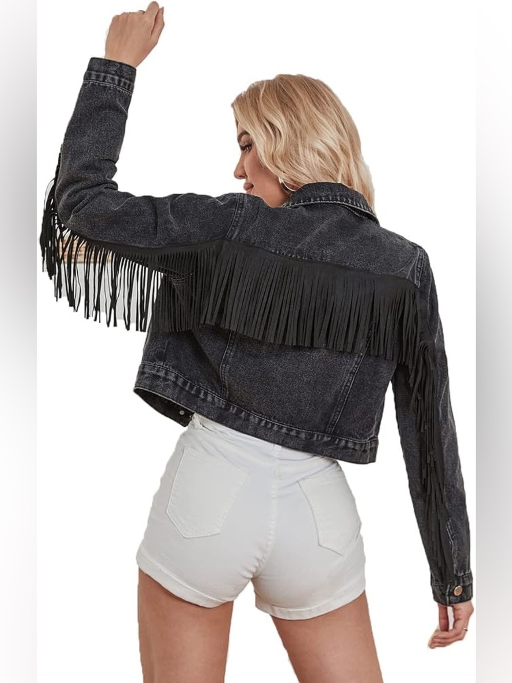 Express Black Fringe Cropped Denim Jacket Faded Black Button Down closure XS